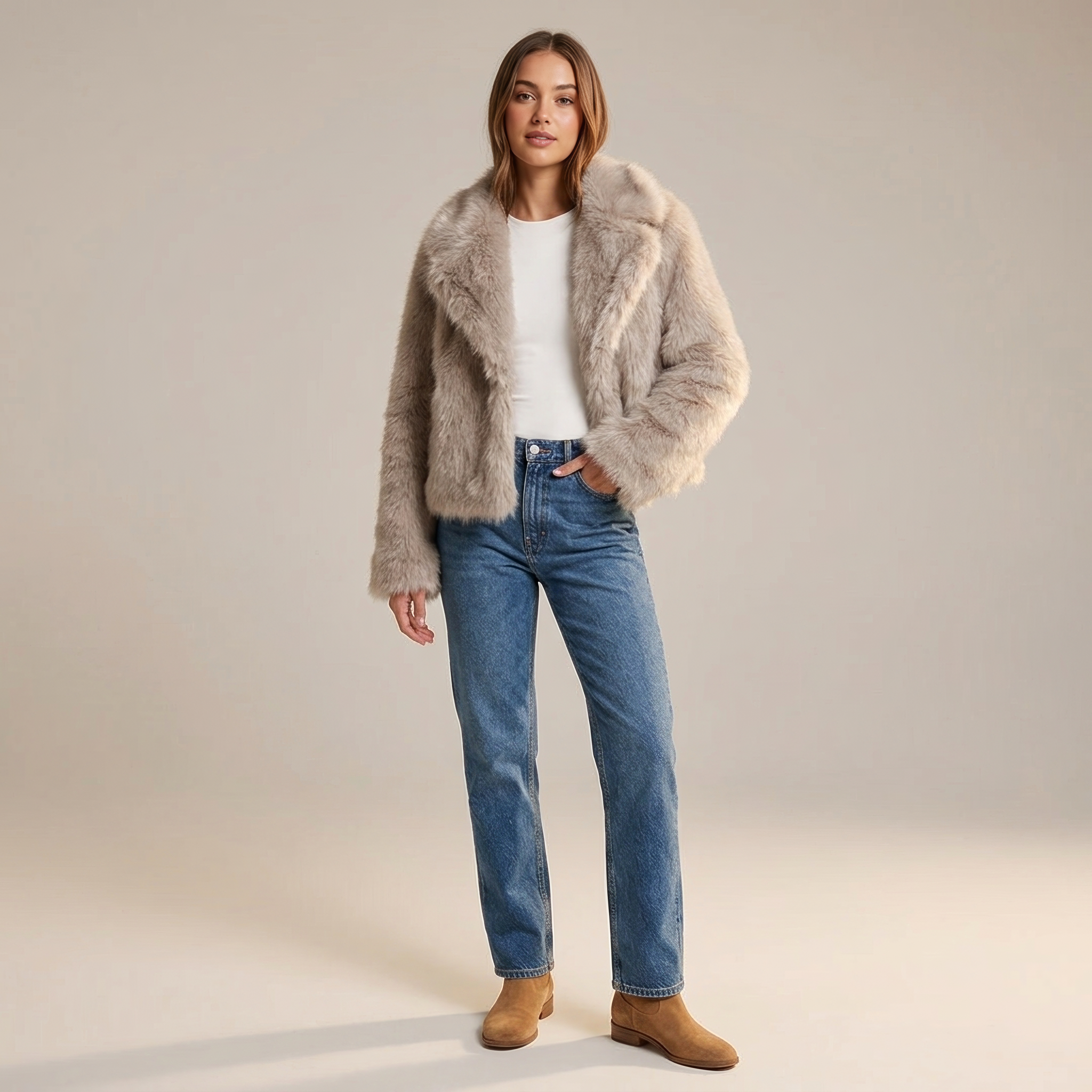 Modelka w szarej kurtce Chona ze sztucznego futra, ujęcie z boku