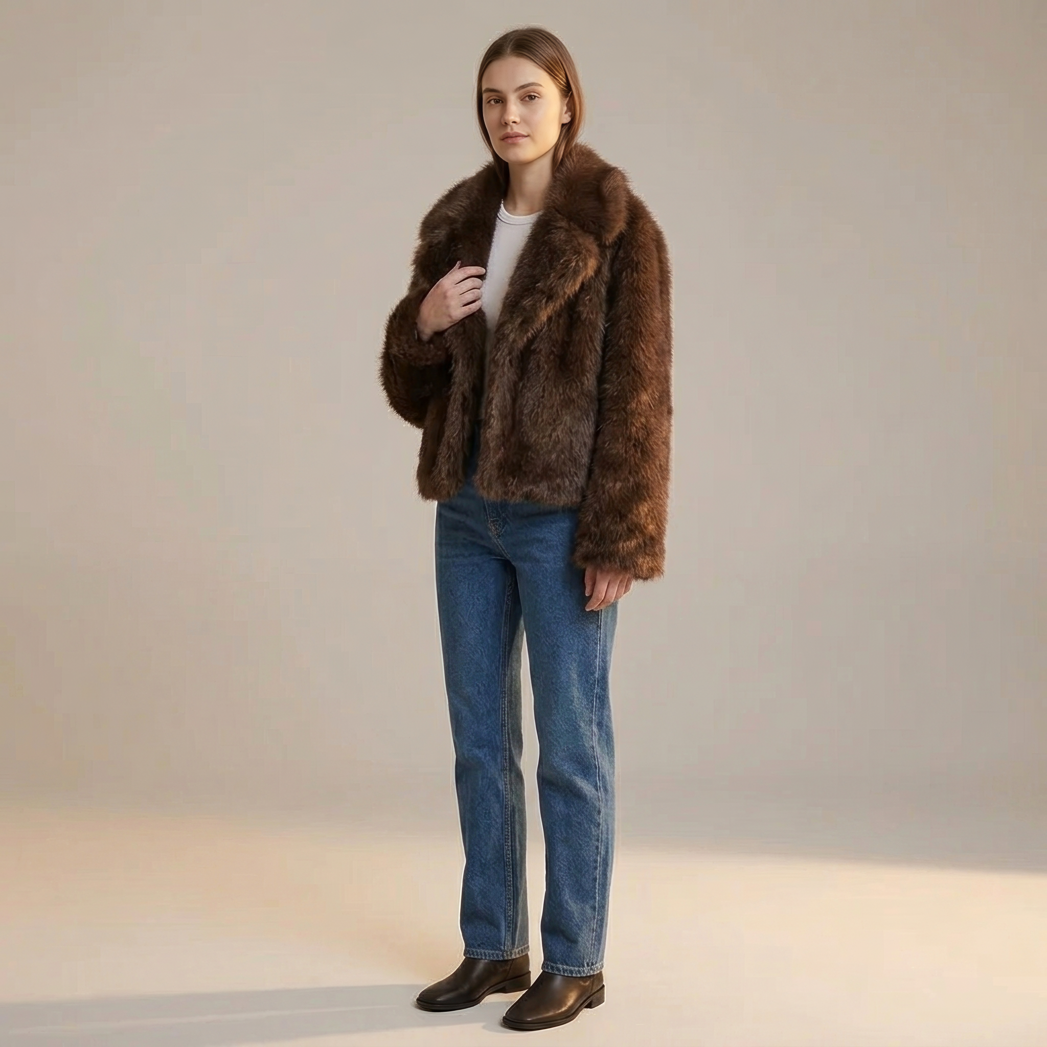 Modelka w brązowej kurtce Chona ze sztucznego futra, ujęcie z boku