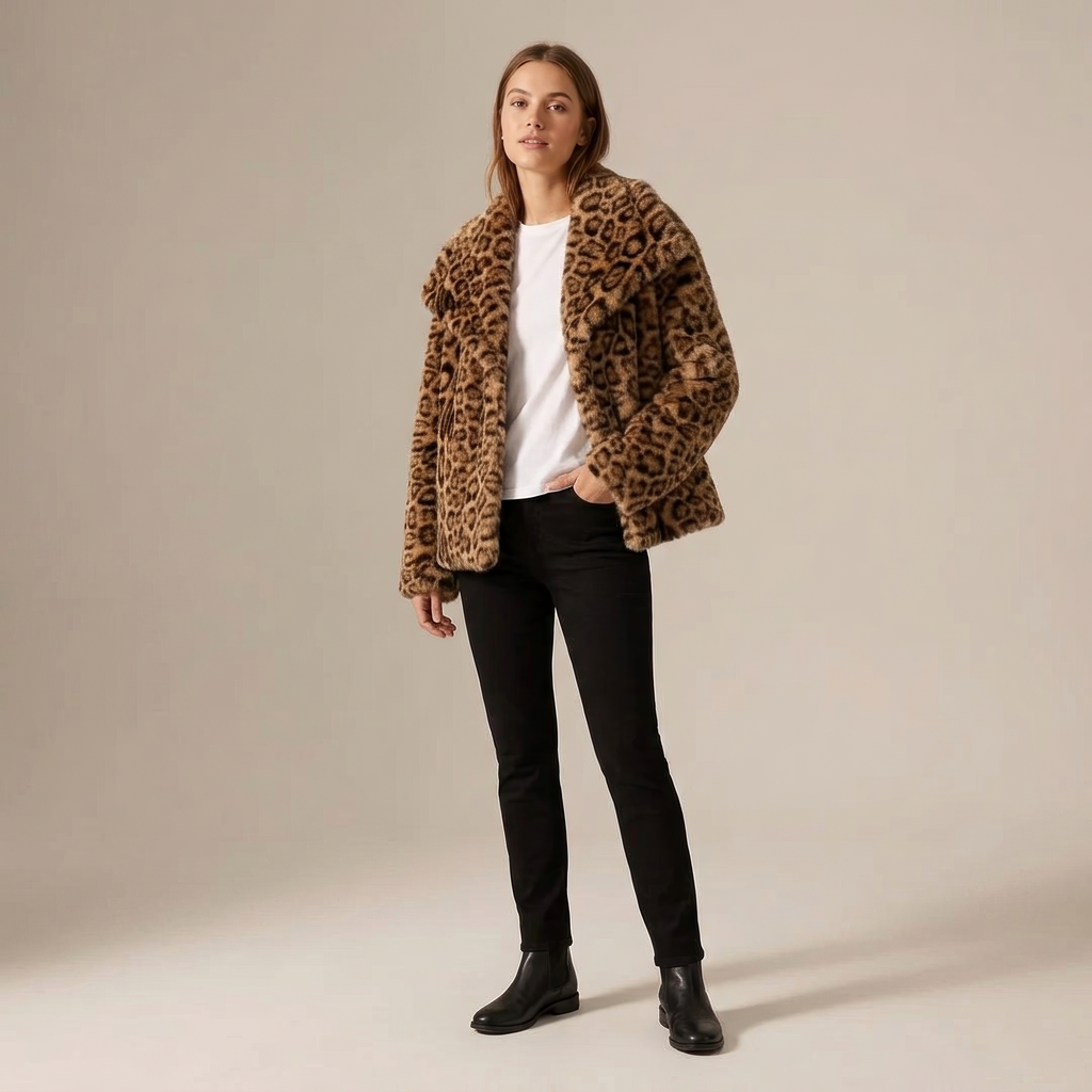 Modelka w kurtce Theadora w panterkę ze sztucznego futra, ujęcie z boku