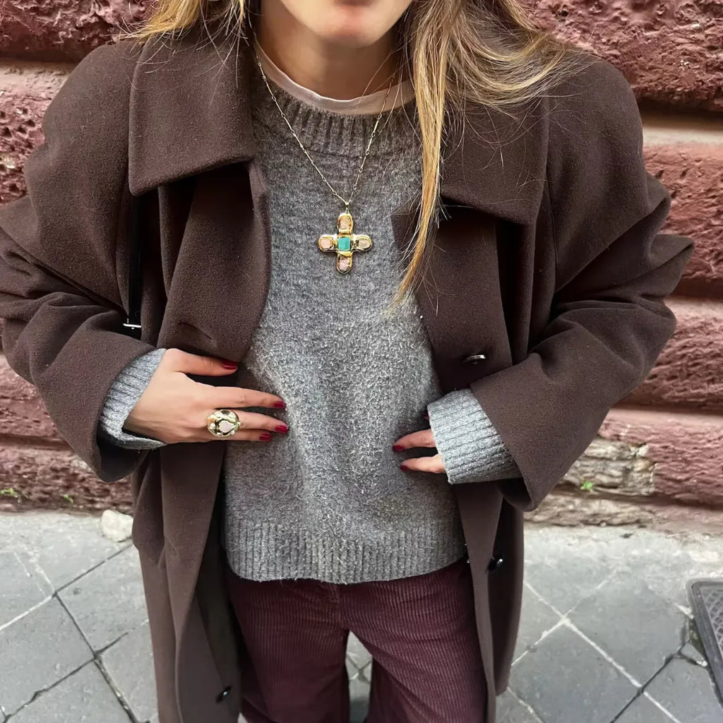 Pola Złoty Naszyjnik z Perłami | Naturalne Perły i Krzyżyk Butik Modowy