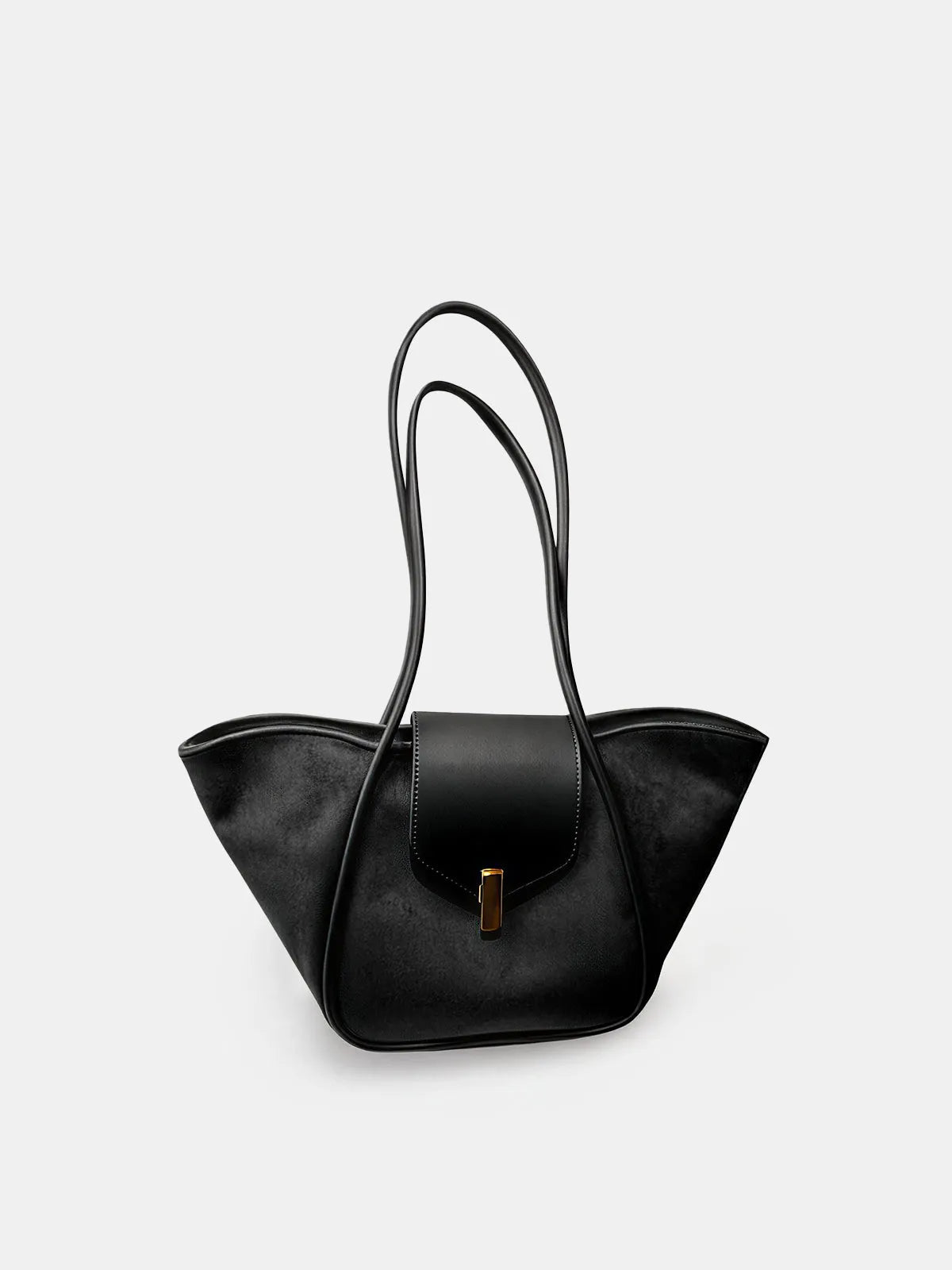Zbliżenie na klapę i długie uchwyty czarnej torebki shopper