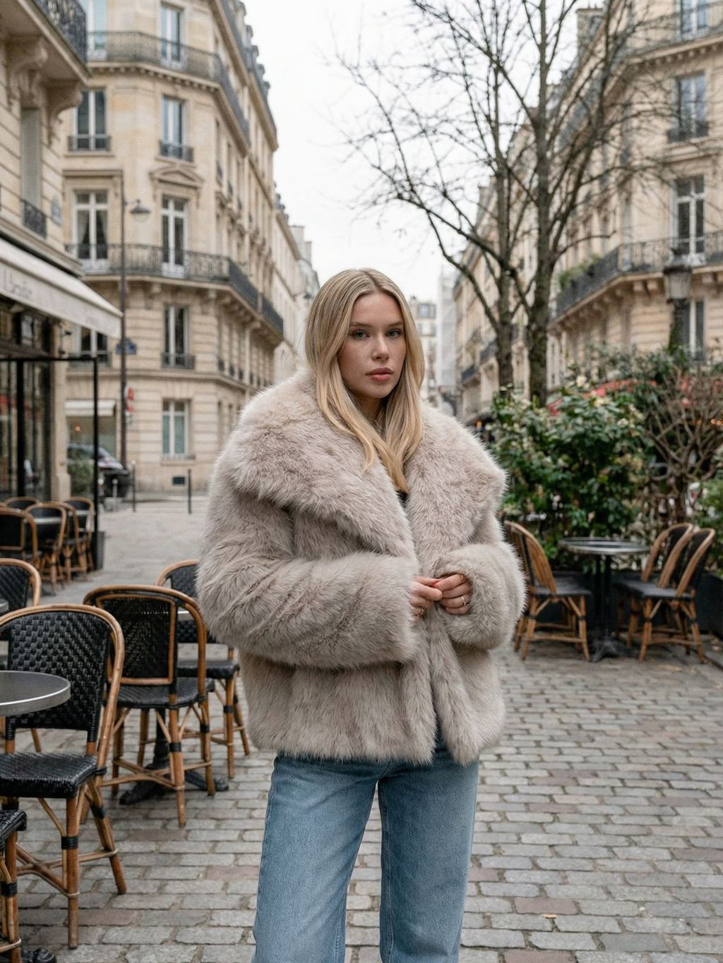Fiona beżowa kurtka futrzana, stylizacja z jeansami