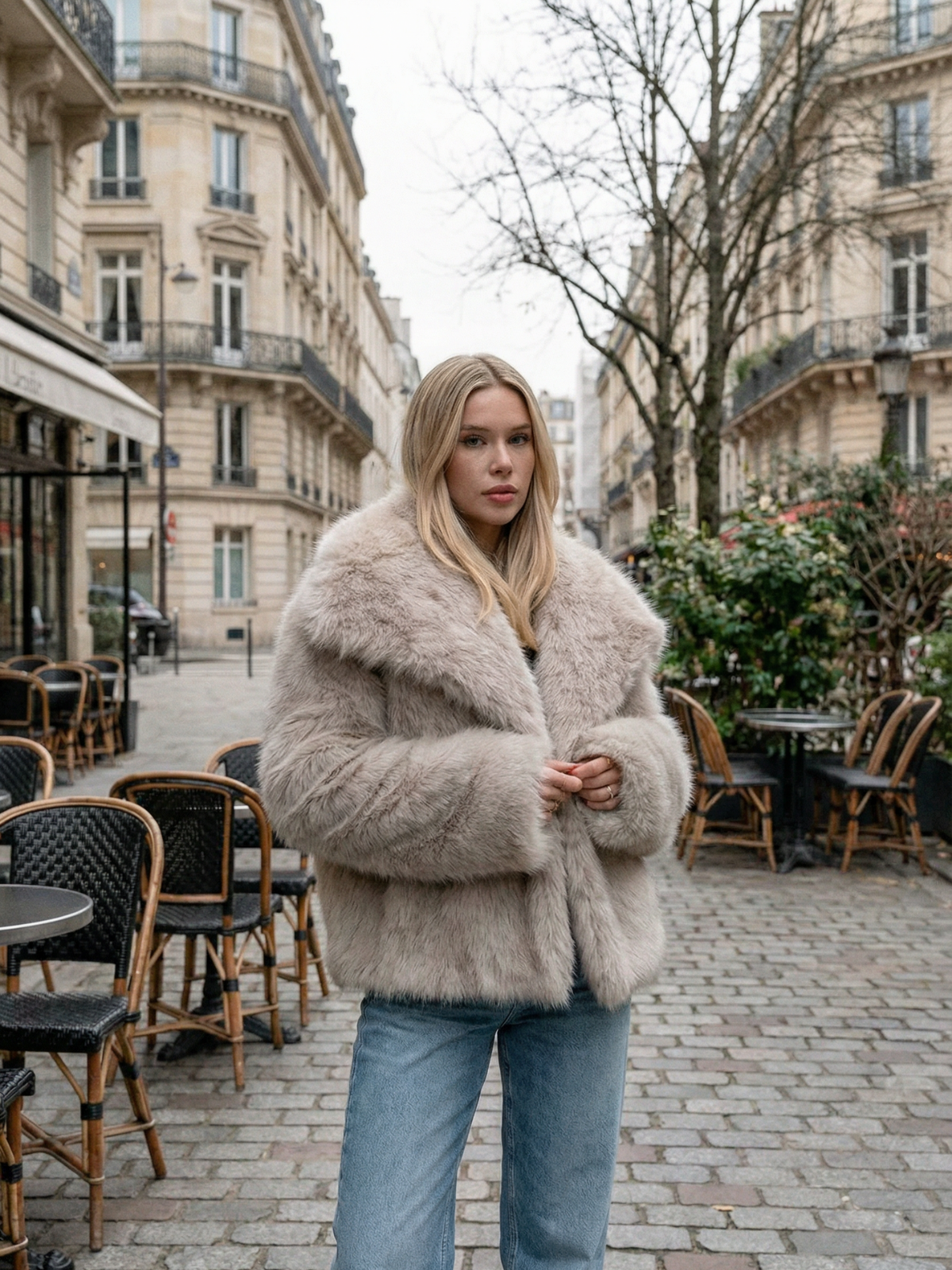 Fiona beżowa kurtka futrzana, stylizacja z jeansami