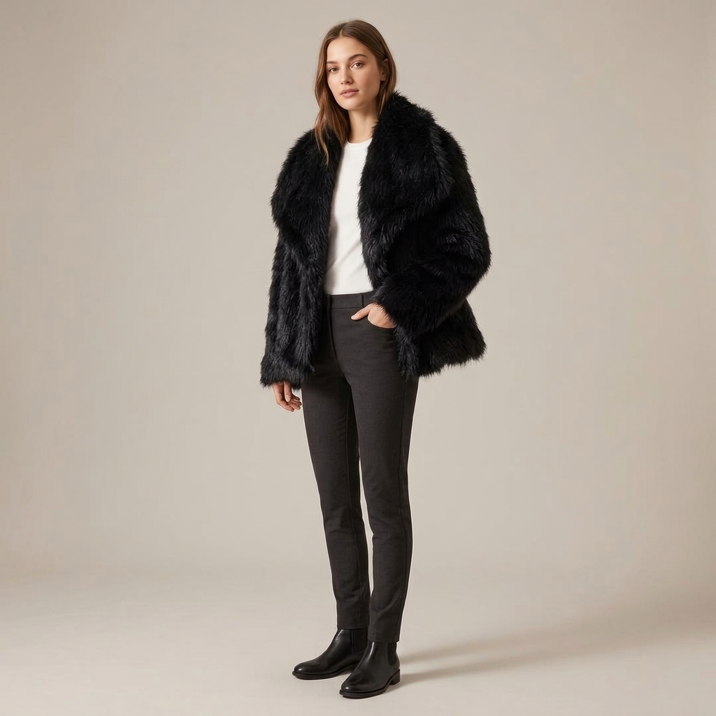 Modelka w czarnej kurtce oversize Theadora ze sztucznego futra, ujęcie z boku